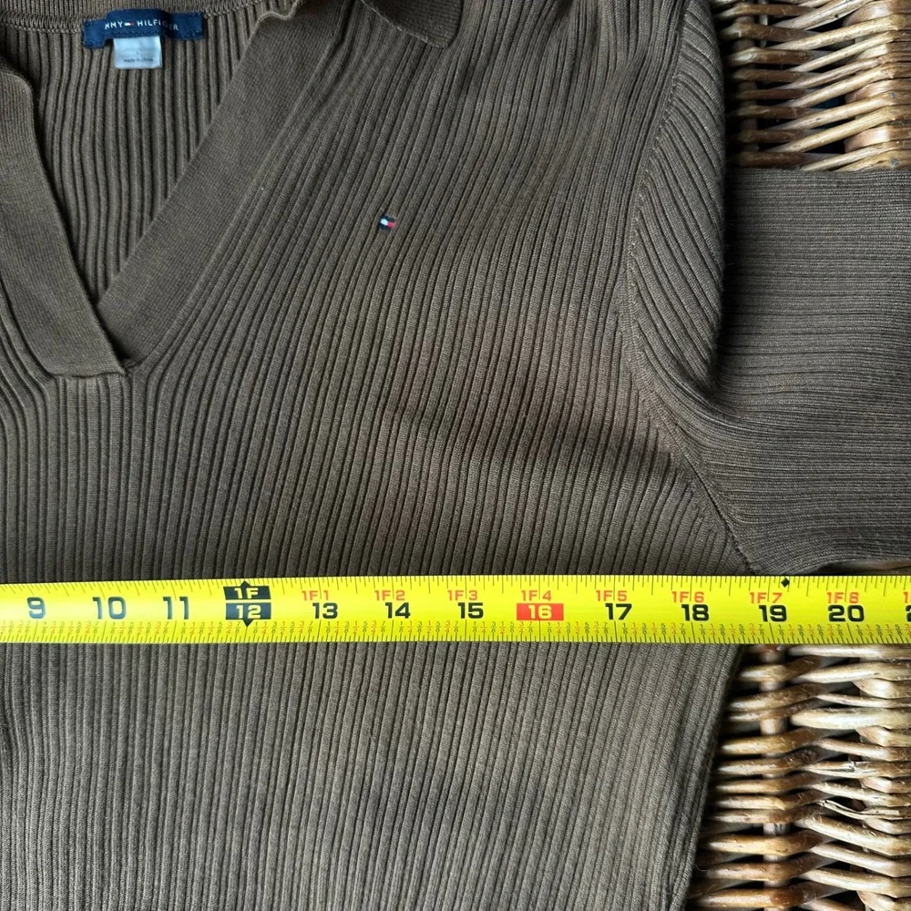 Tommy Hilfiger Brown Rib Knit Polo Midi Dress Long Sleeve Belted‎ Large Preppy